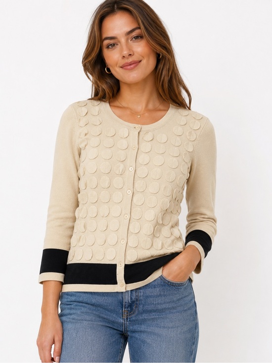 Per Se Sweaters - Per Se Beige and Black Polka Dot Cardigan silk cotton and nylon